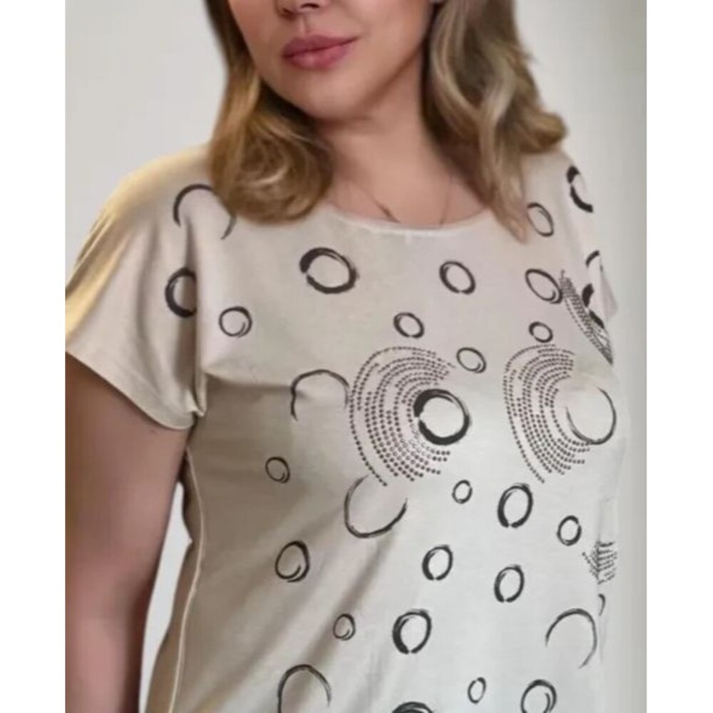 Womens XL Soft Ivory Print Viscose Knit Elegant T-Shirt Short Sleeve Casual Boho